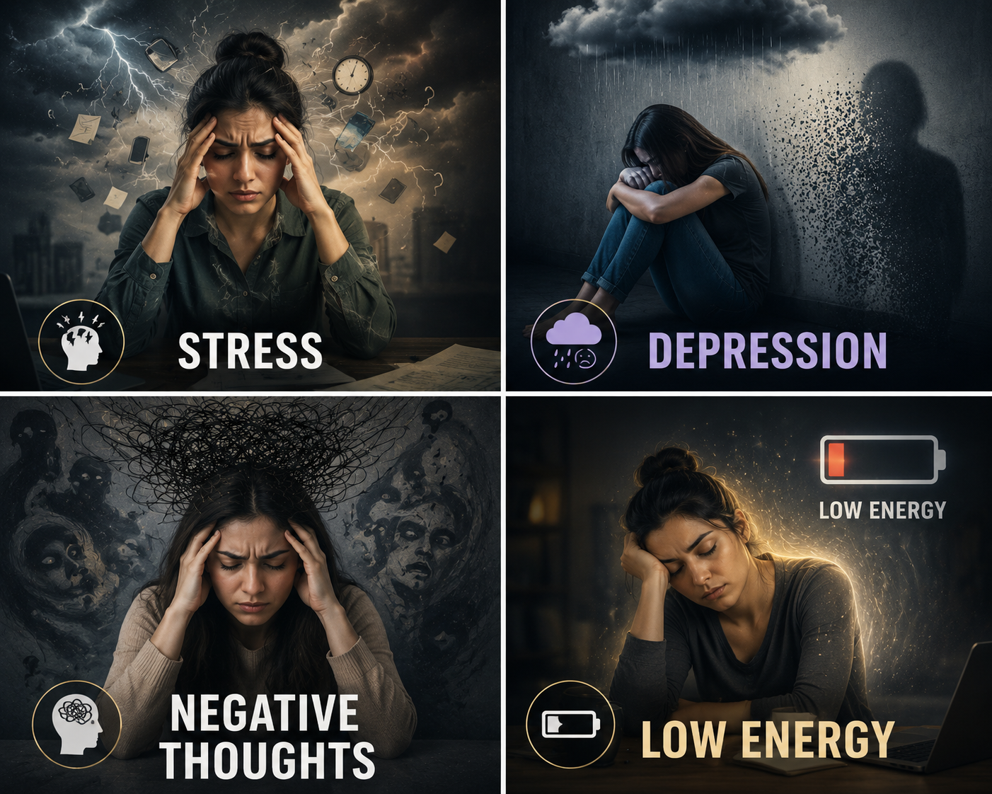 Stress, depression, negative thoughts and low energy