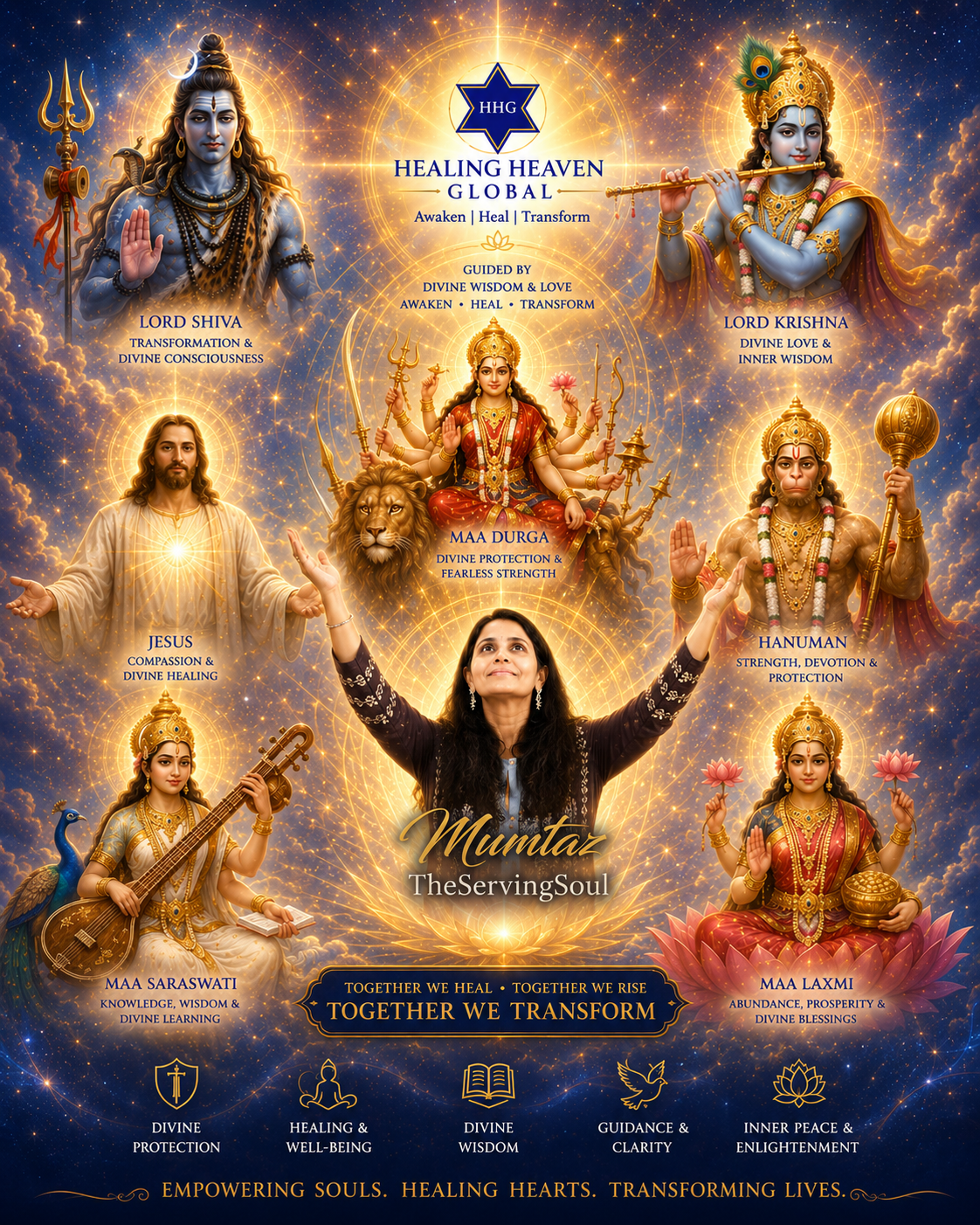 Mumtaz TheServingSoul surrounded by the Divine Masters — Shiva, Krishna, Jesus, Durga, Hanuman, Saraswati and Laxmi